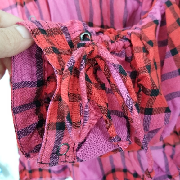Free People Red & Pink Plaid Shirt XS NWT Adjustable Cinch Waist Arms Frayed Hem - Picture 8 of 15